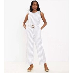 NEW! Ann Taylor Loft Striped Linen Blend Jumpsuit Belted Sleeveless White  SZ 12